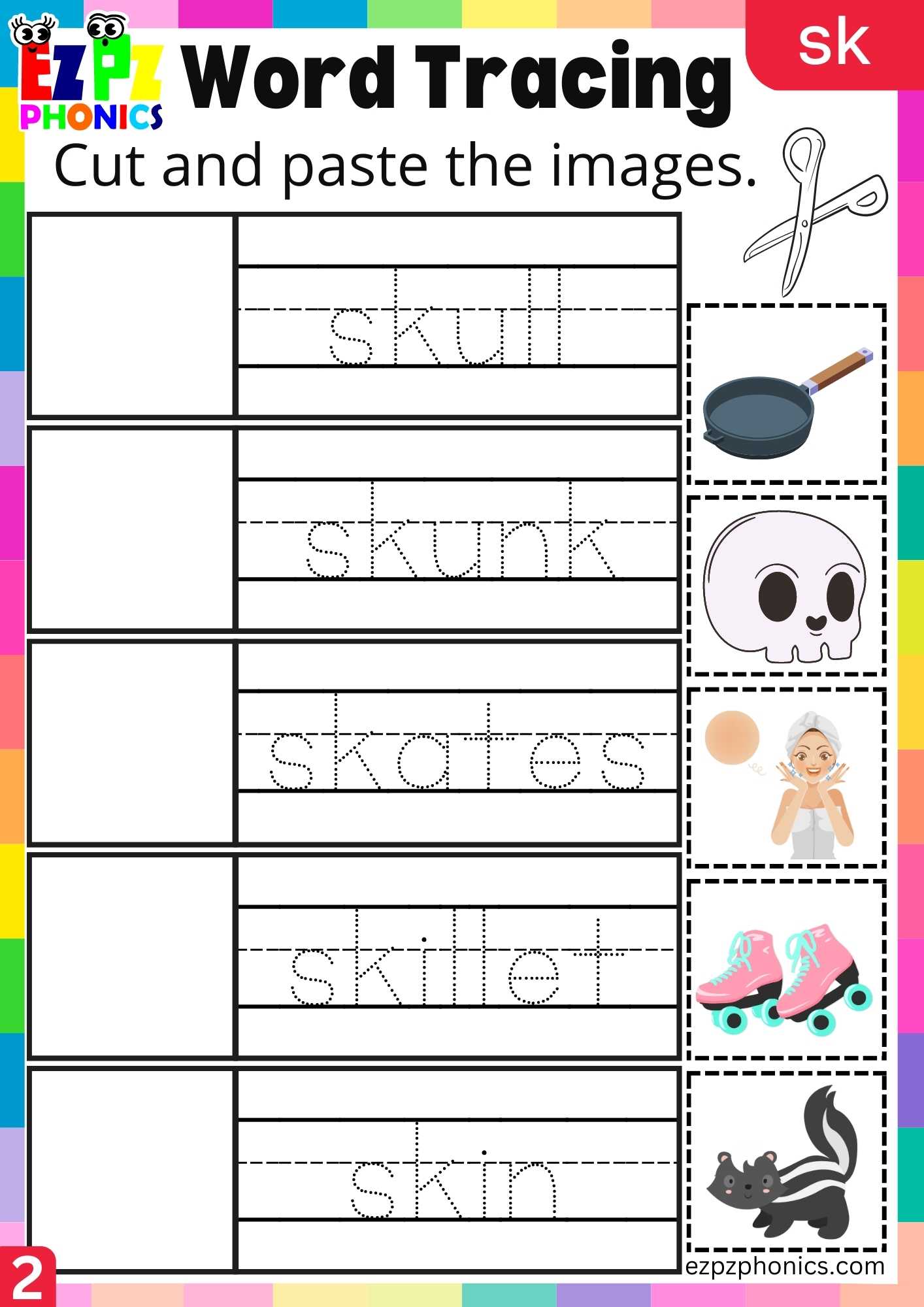 Group2 SK Words Cut And Paste The Images Phonics Consonant Blends Worksheet